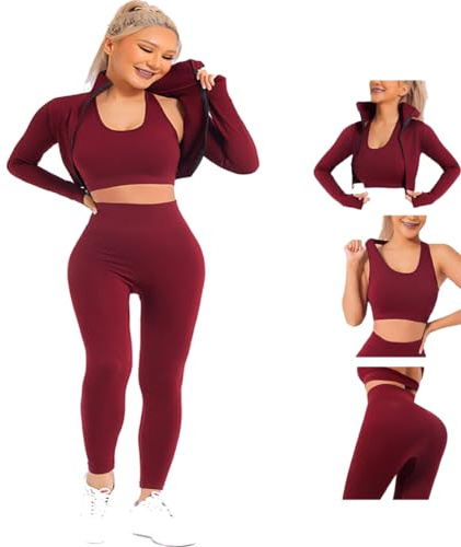 Veriliss Damen 3teiliger Gym Trainingsanzug Nahtlose Laufbekleidung Fitness Kleidung Jogginganzug Reißverschluss Kapuzen Fitness Jogging Tennis Laufen (Rot,L)