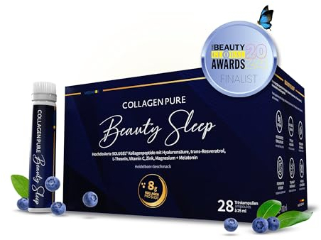 Collagen 8000mg + Melatonin - Hochdosiert Kollagen Trinkampullen - Magnesium Vitamin C Zink Hyaluronsäure L Theanin Resveratrol - 28 Trinkampullen 1 Monat Vorrat - Blaubeergeschmack - MEDIAKOS