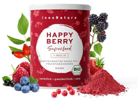 InnoNature Bio Happy Berry I Antioxidantien Shake aus 11 hochwertigen Beerenpulvern I 195g, nur natürliche Inhaltsstoffe I Vegan ohne Zusatzstoffe