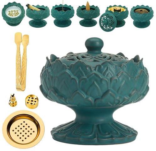 Bruciatore di incenso in ceramica per incenso, bakhoor, carbone, bastone, polvere, cono, bobina e torre, accessori per meditazione e aromaterapia con pinzette