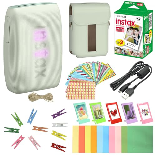 Bundle with Compatible Fuji Mini Link 3 Smartphone Printer Clay White + Fuji Film Value Pack 20 Sheets Accessories Bundle with Album + 5 Plastic Desk Frames + Paper & Sticker Frames (Sage Green)