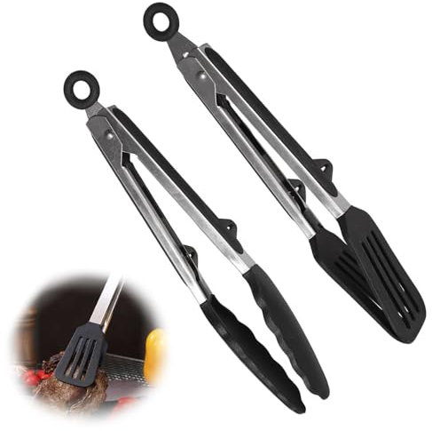 Silicone Kitchen Tongs, 2Pcs Silicone Tongs, Hot Proof Cooking Tong, Stainless Steel Non-Slip Handle for Frying Cooking Serving(9 inch)