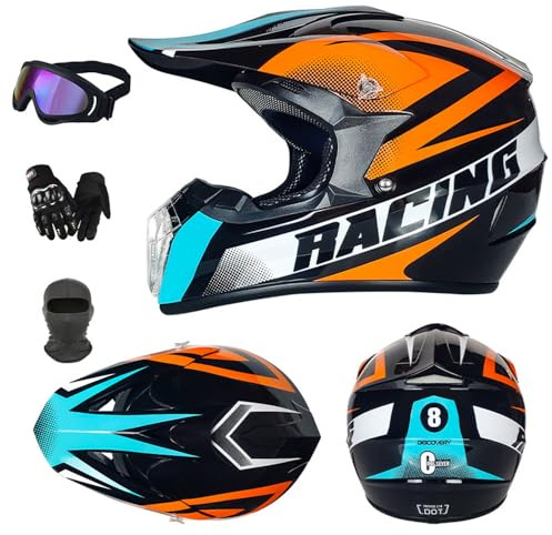 SMTSEC Casque De Moto pour Jeunes Casque De Motocross Enfants Adultes Casques De Cross Tout-Terrain VTT MX Enduro Casque Intégral avec Lunettes Masque Gants Casque De Descente,Orange-XS