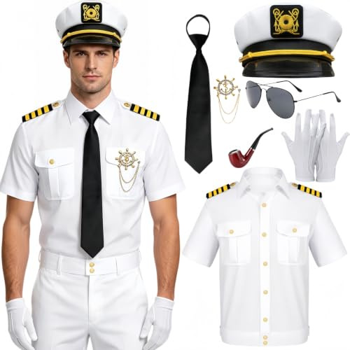 Lot de 8 combinaisons de chemise marine pour homme - Costume de capitaine avec épaulettes - Broche d'ancre dorée - Chapeau marin - Sifflet - Lunettes de soleil - Cravate noire - Gants pour Halloween