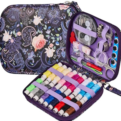 Bobode Printing Travel Basic Sewing Kit with 87 PCS Accessory | Rose Pattern Sewing Kit Case,Professional Sewing Supplies for Emergency, Beginners