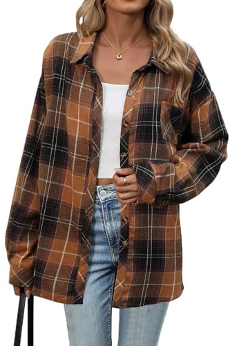 CHYRII Womens Oversized Flannel Shirts Button Down Long Sleeve Plaid Shirt Business Casual Blouse Top, Brown+black, S