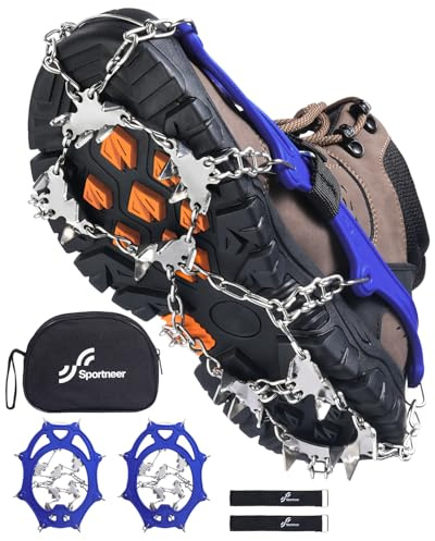 Sportneer Crampons： Ice Cleats for Shoes and Boots with 28 Spikes - Traction Slip-on Stretch Footwear for Walking and Shoveling on Ice and Snow - Lightweight for Women and Men
