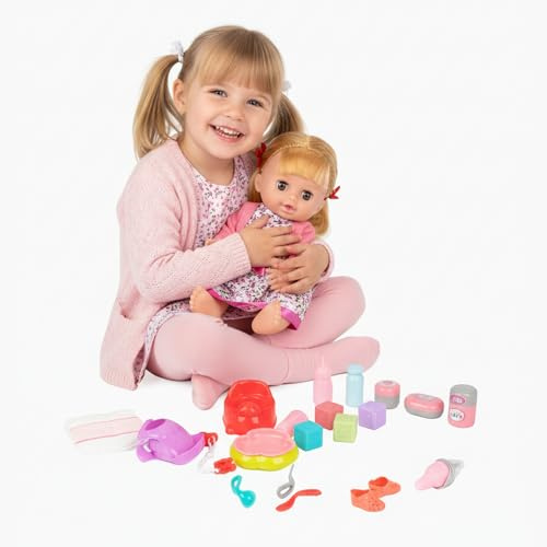 Kinderplay Mimi Babydocka 30 cm – Dockset från 3 år med tillbehör, talande docka SAGT mamma pappa, stängande ögon, rörliga armar och ben, gåva för flickor och pojkar