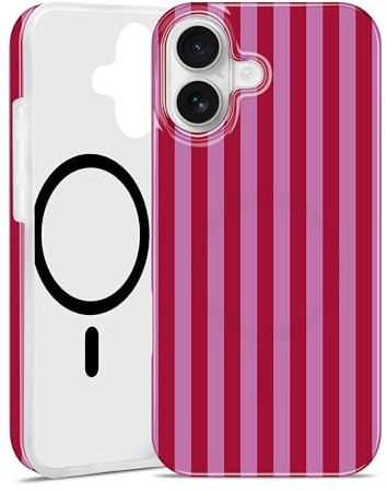 Jusy Magnetiskt fodral för iPhone 17 [Kompatibel med MagSafe] Sött randigt mönster estetisk design, mjukt smalt TPU-skyddande telefonskydd – rött