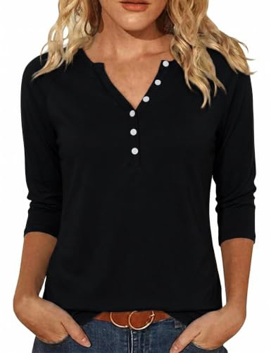 Demegimi Tee Shirt Femme Manche 3/4 Casual Basique Col V Top | Shirt Femme Manche 3/4 - Style Casual Quotidien Bureau r - Ourlet arrondi - Printemps Été Automne Femme S-XXL