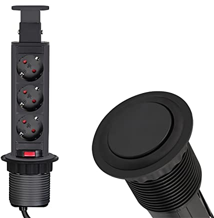 Lumonic LiftBox 3X Schuko Steckdose Tischsteckdose Schwarz I 3 Steckdosen mit 230V im Tower max. 3600W I Mit Bohrloch-Größe 107mm Ideal für den Einbau