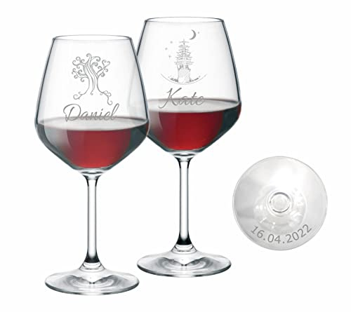 MASTERLASER3.0 Bicchiere da vino personalizzato, calice da vino rosso inciso al laser, 530 ml, set da vino personalizzato con nome, iniziali e data, migliore idea regalo – Quantità (2)