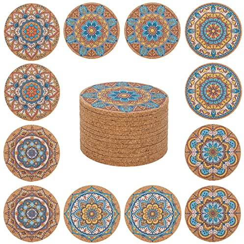 STARUBY 12 Pezzi di Sottobicchieri in Sughero, Sottobicchieri per Bevande, per Tavolino del Caffè, Assorbenti per Bevande, Decorazione per Cucina e Sala da Pranzo, Rotondi di 10cm multicolore