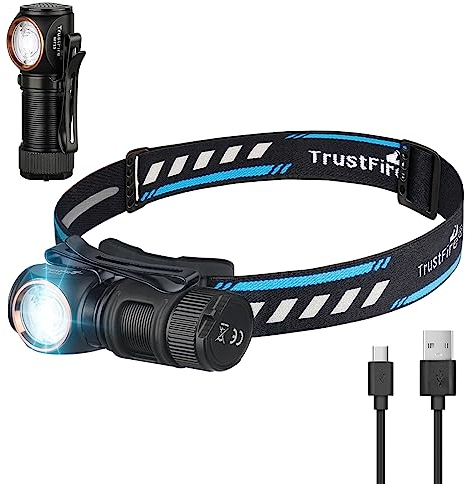 TrustFire MT15 Stirnlampe, 1000 Lumen Stirnlampe LED wiederaufladbar 150M Leuchtweite Kopflampe Multifunktionslampe Stirnlampe/EDC Taschenlmape IPX8 Wasserdicht 5 Modi für Camping Laufen Notfälle