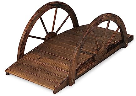 GOPLUS Pont de Jardin en Bois de 100 cm, Pont en Arc en Sapin Carbonisé avec Clôtures de Sécurité en Forme de Roue, Finition Teintée, Décoration de Paysage de Jardin
