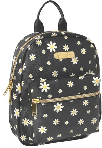 Jessica Simpson Waterproof Mini Vegan Leather Backpack Purse for Women, Travel, Work, Black Daisies, Mini, Casual Daypack