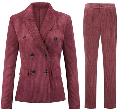 YFFUSHI - Completo da donna in 2 pezzi, in corduroy, tailleur con pantaloni, doppio petto, da lavoro, blazer slim a maniche lunghe e pantaloni, Borgogna, S