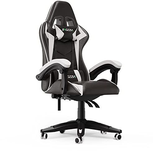 bigzzia Silla Gaming,Silla Ergonómica de Oficina en Cuero PU,Regulable en Altura con Soporte Lumbar y Reposacabezas,Respaldo Reclinable 155°,Silla Gamer Adulto Niño(Blanco Pálido)