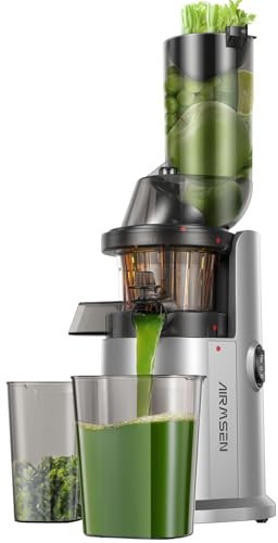 AIRMSEN Slow Juicer, Entsafter Gemüse und Obst mit 82mm Großem Einfüllöffnung für ganze Früchte entsaften, Max 450W BPA freie Cold Press Juicer Machine mit 2 Behälter und Bürste - Silber
