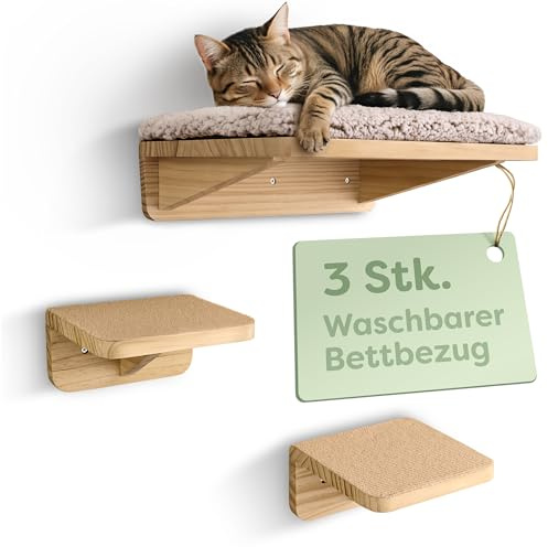 Knupis Mensole da Parete per Gatti con Letto & 2x Scale – Legno di Pino Massiccio FSC®, Amaca da Parete Robusta fino a 30 kg – per Gioco & Comfort - Beige