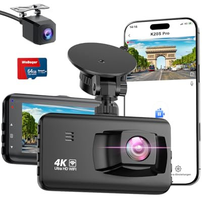 Dashcam Auto Vorne Hinten 4K, WiFi Dashcam mit 64GB SD Karte,Dash cam Auto mit Rückfahrassistent, Nachtsicht, 170°+140° Weitwinkel,3IPS,Parküberwachung,G-Sensor,Loop-Aufnahme,Split Ladekabel,MAX 256G