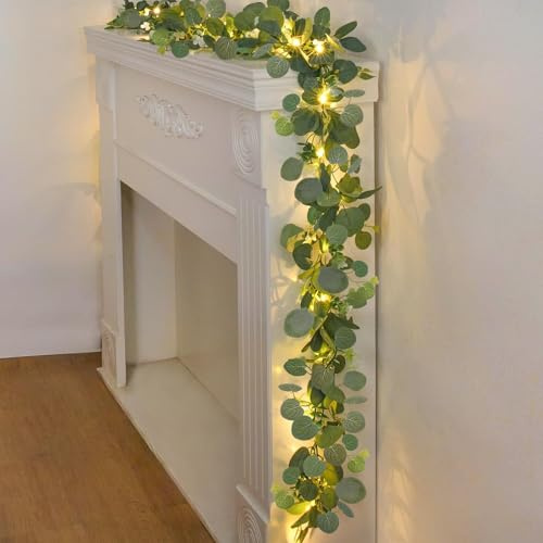 N&T NIETING 2 Stück künstliche Eukalyptus-Girlande, 6Ft Grüne Reben Girlande mit weißen Blumen, gefälschte hängende Grüne Pflanze für Hochzeit Bogen Hintergrund Tisch Innenbereich Outdoor Home Dekor