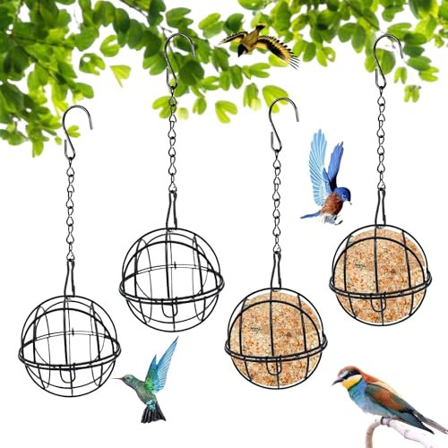 4 Pcs Fat Ball Feeders Hanging Fat Ball Feeders and 4 S-shaped hooks,fatball bird feeders hanging for Outdoor Garden Wildlife Birds Finch Sparrow Robin suet ball feeder (Black)