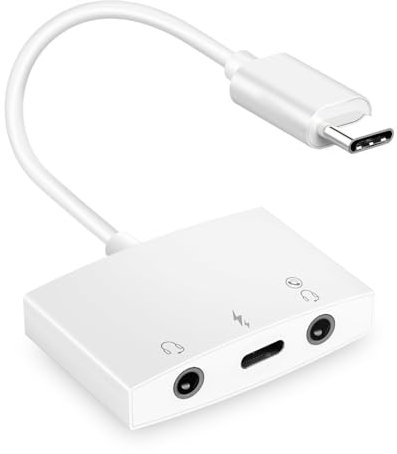 Swiftctrl Adaptador USB-C 3 en 1 Audio y Carga - Doble Toma Jack 3,5 mm + USB-C PD - Compatible con auriculares, auriculares, teléfonos, PC, tabletas - Sonido Hi-FI DAC incorporado