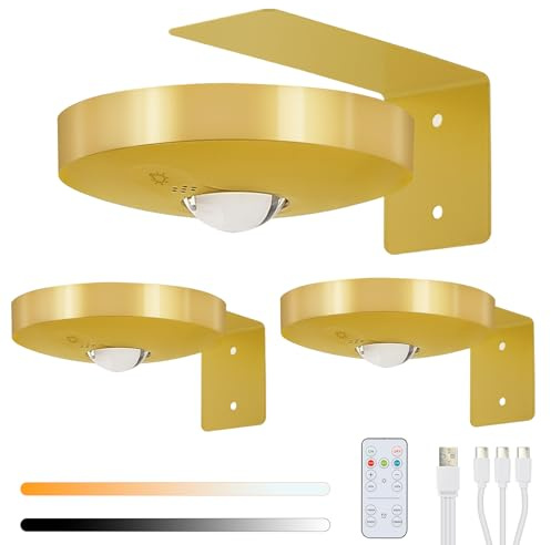 Lightsjoy 3 Pack Picture Lights for Wall Rechargeable Battery Spot Light 3 Color Temperature Dimmable LED Wall Lights Wireless Remote Control Stair Lights Timer Magnetic Art Painting Light Gold