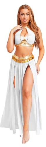 Miaeowve Magdansare kostym damer, arabisk belly dans-outfit, halterneck, dans, topp, kort, bh, topp, metallisk, skarv, slits, kjol, maxikjol, inderin, maskeraddräkt, Vit, M