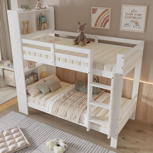 Trdlpyn Letto a castello 90 x 200 cm con scala e protezione anticaduta, letto a castello con testiera con vano portaoggetti, telaio in legno massello con rete a doghe, letto a castello per ragazzi