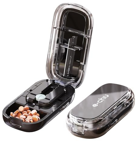 2-En-1 Coupe Medicaments, 1/2&1/4 Ecrase Medicament Portable Séparateur de Pilules Coupe-Comprimé avec Compartiment pour Voyages et à L'utilisation Quotidienne (Noir)