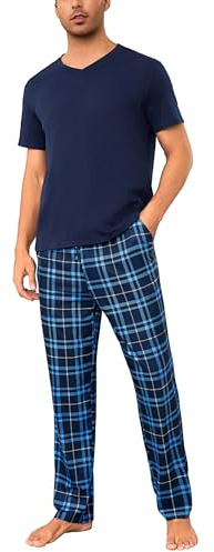 Bresdk Pigiama Uomo Cotone Lungo Pigiami Due Pezzi Maniche Corte e Pantaloni Lunghi a Quadri Completo Estivo e Invernale per Casa Leggero e Morbido S-3XL