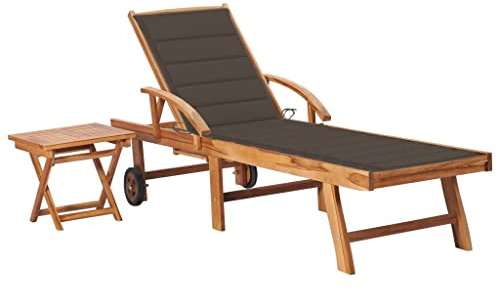 HaoChrymec Transat Jardin Extérieur en Bois de Teck Massif, avec Table Intégrée et Coussin, 3 Positions Réglables, Transat Jardin Exterieur, Bains de Soleil,Couleur Taupe, 195 x 59.5 cm