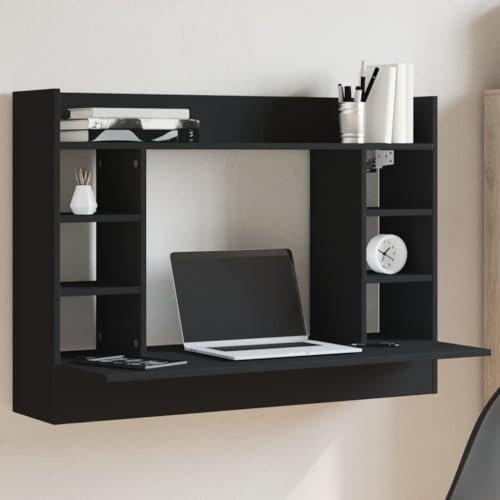 SKTQYQO Scrivania a Parete Nera in Legno Multistrato 105x48x75 cm con 6 Scomparti e Ripiano, Mobile Sospeso Multifunzionale Salvaspazio per Ufficio e Casa, Design Moderno con Ampia