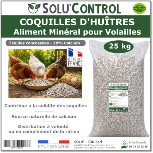 25 kg Écailles de Coquilles d'Huîtres pour Volailles (Poules, oies, ...) - SOLU'CONTROL - Aliment Minéral Naturel, 38% Calcium