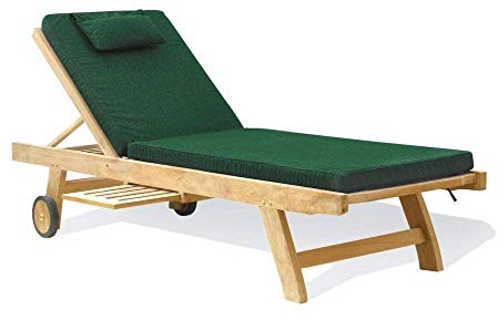 Jati Wooden Reclining Garden Sun Lounger with Cushion (Green) - Teak | Wheels | Retractable Tray | Multi-Position Backrest