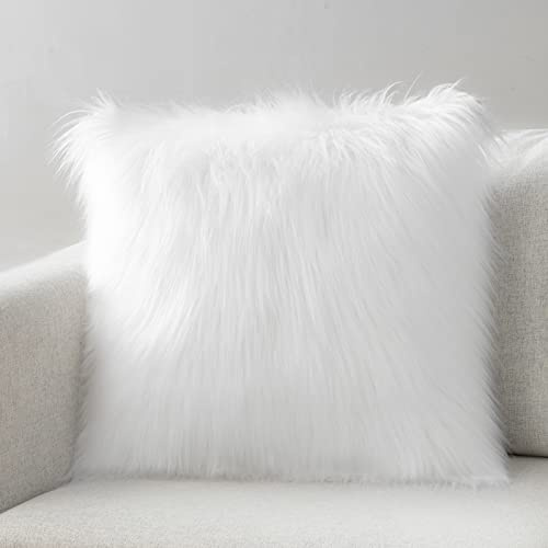 Phantoscope Faux Fur Solid Decorative Pillow Cover Fluffy Throw Pillow Mongolian Luxury Fuzzy Pillow Case Cushion Cover for Bedroom and Couch, True White 24 x 24 Inches, Pack of 1