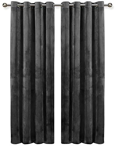 Oxford Homeware Grey Blackout Curtains for Bedroom – 46 x 54 Inch Drop Crushed Velvet Curtains Ring Top - Thermal Insulated Curtains for Living Room with 2 Tie Backs (116cm x 137cm)