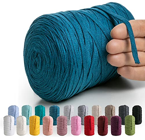 MeriWoolArt® Baumwollgarn Band Blau - 10mm T-Shirt Band Garn für Stricken, Makramee, Häkeln, Weben, Geschenkband - 150 m Baumwollband (Meer)