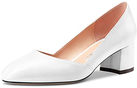 Castamere Femmes Bloc Chunky Bas Talon Heel Escarpins Slip-on Classique Cute Dress 5 CM Heels Fermé Rond Bout Chaussures Blanc Matte 39 EU