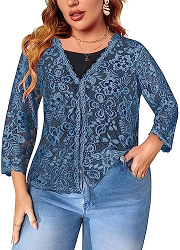 TE AMO SKISS Women's Plus Size 3/4 Sleeve Bolero Shrugs Crochet Lace Open Front Cardigan Denim Blue 1XL