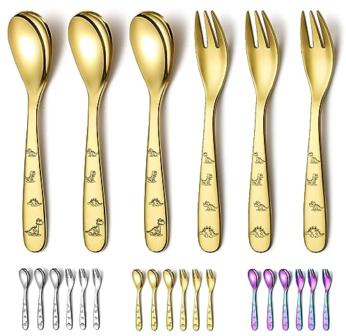 Evanda Gold Kinderbesteck Mit, Gold Titan beschichtet 6 Stück Edelstahl Kleinkinderbesteck, Kinderbesteck Gabeln und Löffel, spiegelpoliert glattes rundes Geschirr und spülmaschinenfest