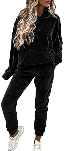 amropi Chándal de Mujer Sudadera con Capucha y Pantalones Terciopelo Conjunto de Ropa Negro, M