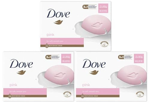Dove Pink Moisturising Beauty Cream Bar 3 in 1 Cleanses, Moisturises and Nourishes Soap for Soft, Smooth Skin Vegan, Crealty Freee and Dermatologically Tested Beauty Soap 2x90g, 3 Pk