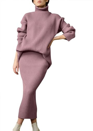 shownicer Robe en Tricot Femme Pull Ensemble 2 Pièces Haut et Midi Jupe Tricoté à Col Roulé Bodycon Automne Hiver Chandail Maxi Dress