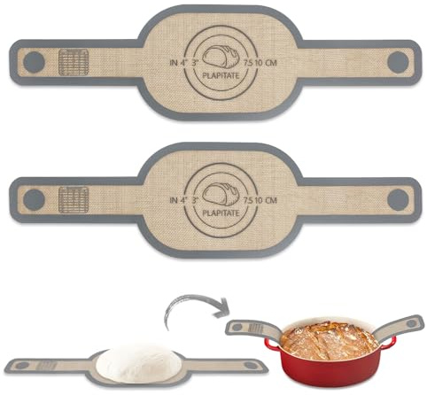 PLAPITATE Silikon & glasfiber oval bakmatta, non-stick och lätt att rengöra återanvändbar silikon brödsele med långa handtag, perfekt för surdegsbröd, kakor, makaroner och mer – 2 grå set