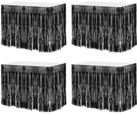 QUARKZMAN 4 Stück 29x108 Zoll Schwarze Metallische Lametta-Tischröcke für Rechteckige Tische Lametta-Hintergrundvorhang für Hochzeits- und Geburtstagsfeierdekoration
