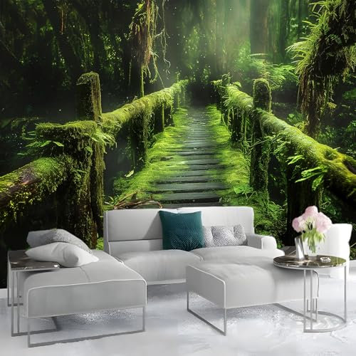 Papel Pintado Madera musgosa bajo la lluvia mural Verde Papel pintado no tejido 250 x 175 cm Adecuado para decoración de dormitorio, pared de fondo de TV