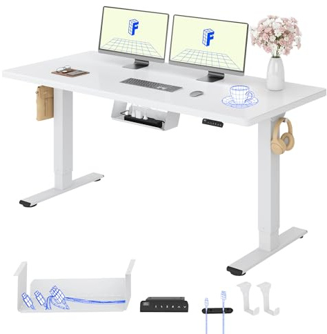 FLEXISPOT Escritorio Elevable Eléctrico E1 Pro Set 140x80, Doble Motor, Tablero Completo, Panel con Memoria, Regulable en Altura, Soporta 100 kg, Blanco+Blanco